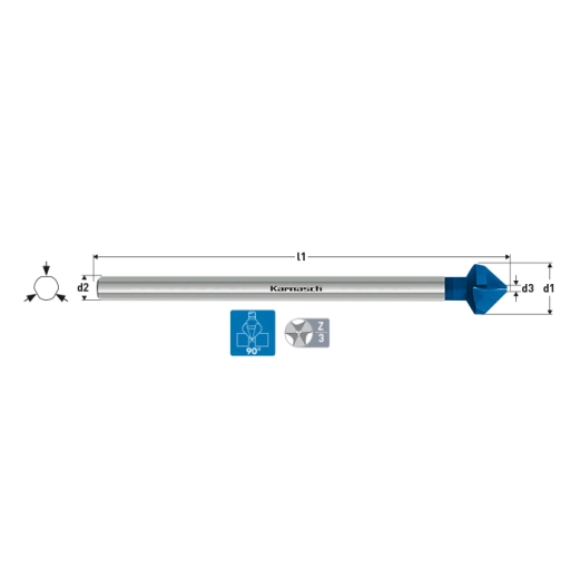 Коническая зенковка 90° DIN 335 из стали HSS-XE с покрытием BLUE-TEC, форма C, сверхдлинный хвостовик