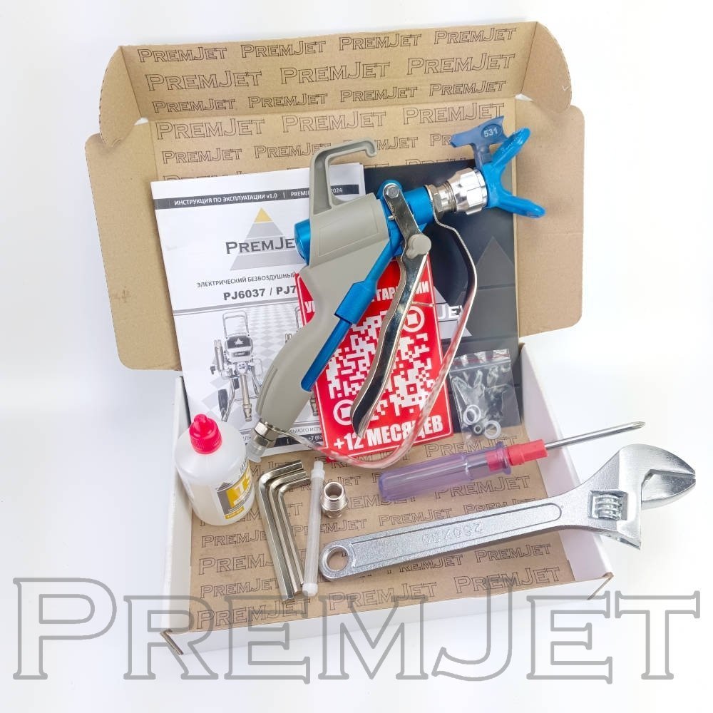 Аппарат окрасочный PJ7639 с электроприводом PremJet (7.6 л/мин, 230 bar, линейный краскопульт/рукав 3/8" L-15м/поводок 1/4" L-2,5м)